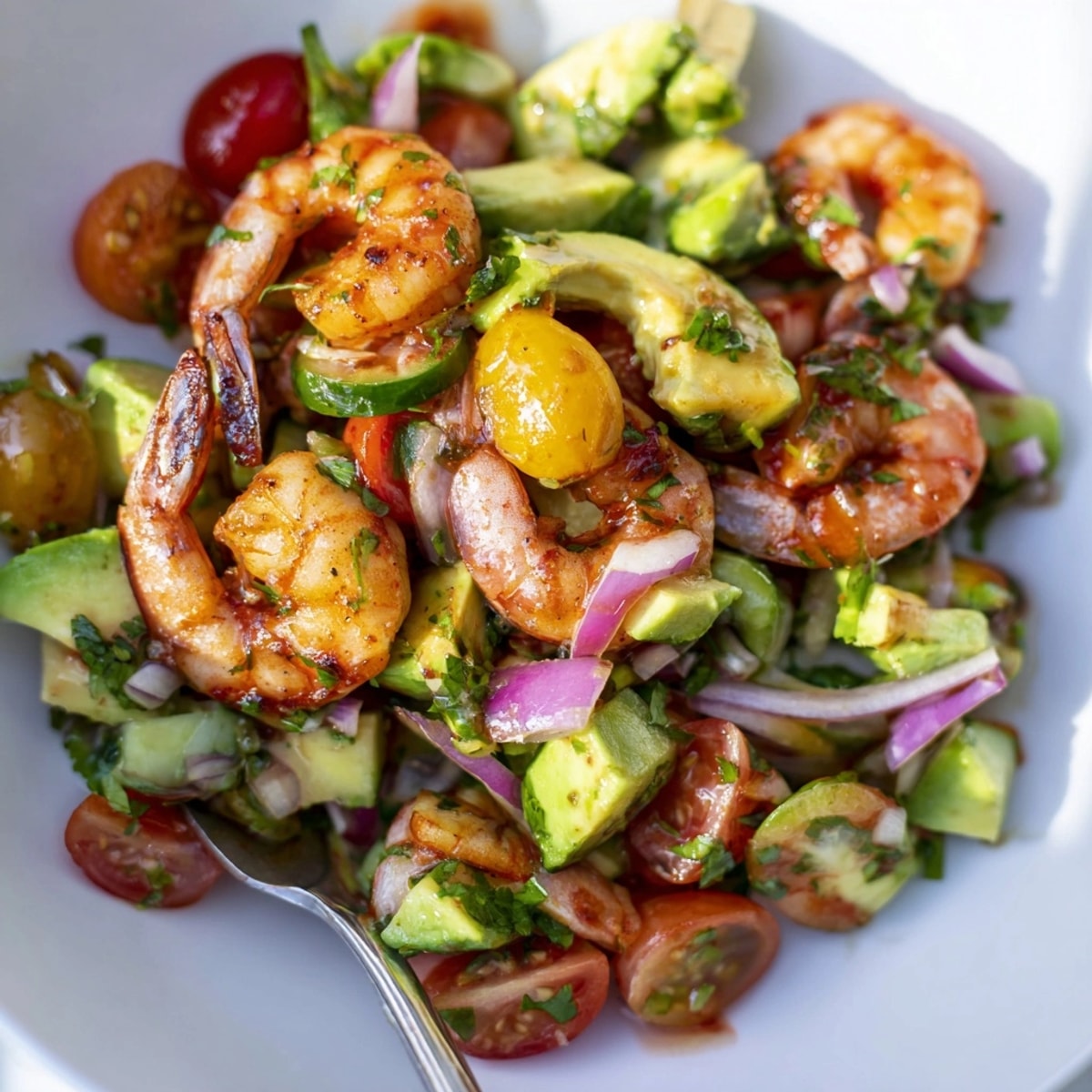 Bright Shrimp and Avocado Salsa Salad, a colorful close-up shows creamy textures plus zesty lime.