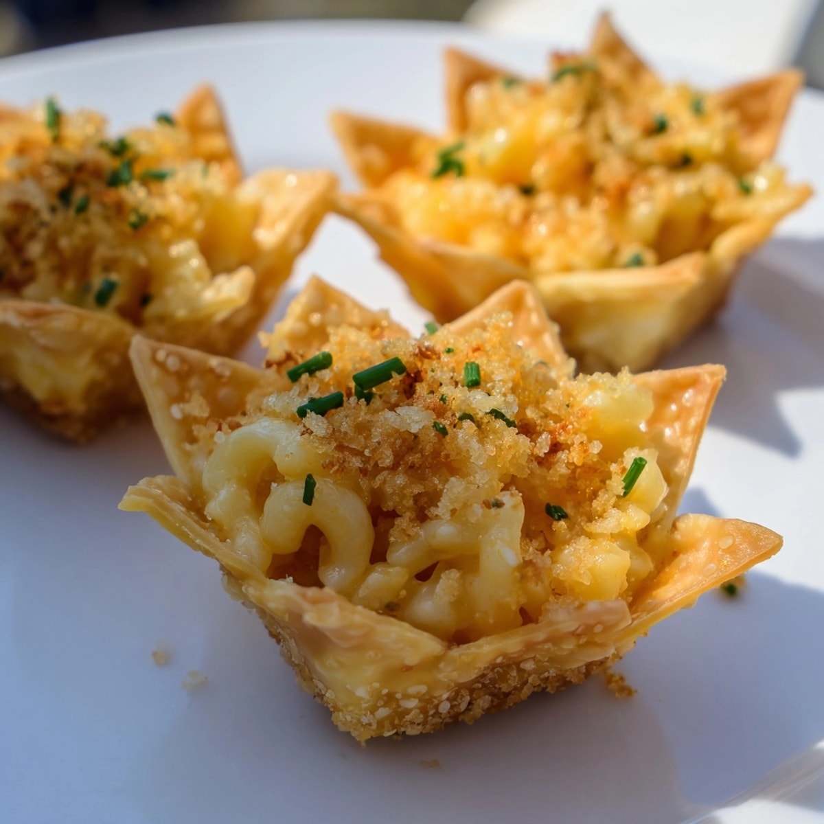 Creamy Mac and Cheese nestled in crispy, golden wonton cups, fresh from the oven.