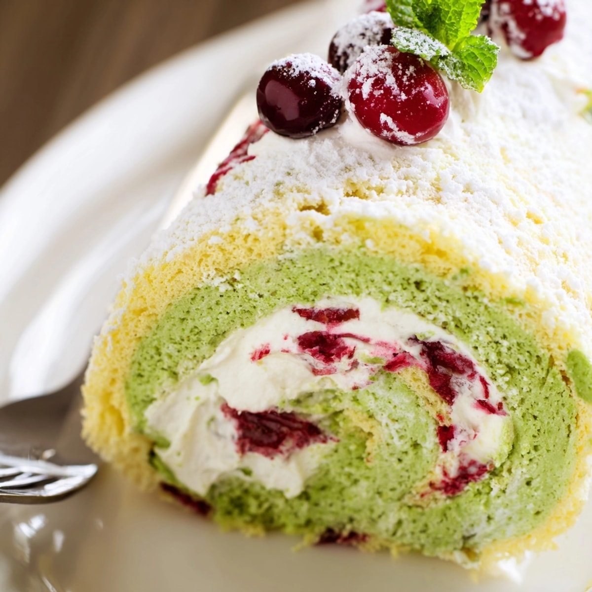 Close-up of a vibrant Matcha Swiss Roll with Cranberry Cream filling ready to serve.
