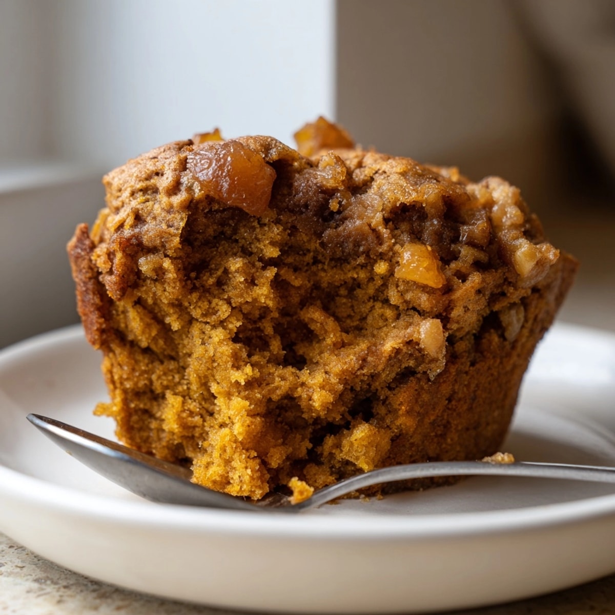 Golden-brown Spicy Pumpkin Muffins with Candied Ginger, warm from the oven, ready to eat.