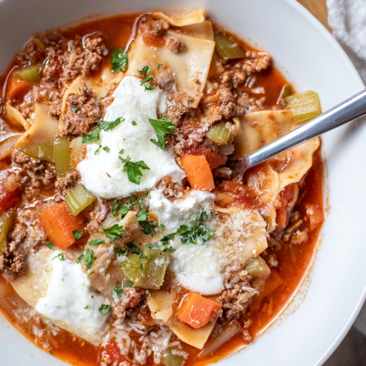 Hot, savory Gluten-Free Lasagne Soup steams, garnished with fresh parsley and parmesan.