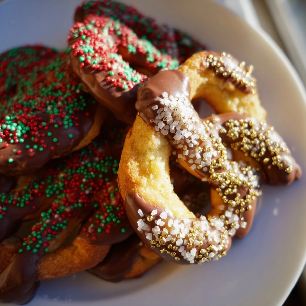 Close-up of Festive Pretzel Christmas Cookies, chocolate-dipped and sprinkled, ready for holiday gifting.