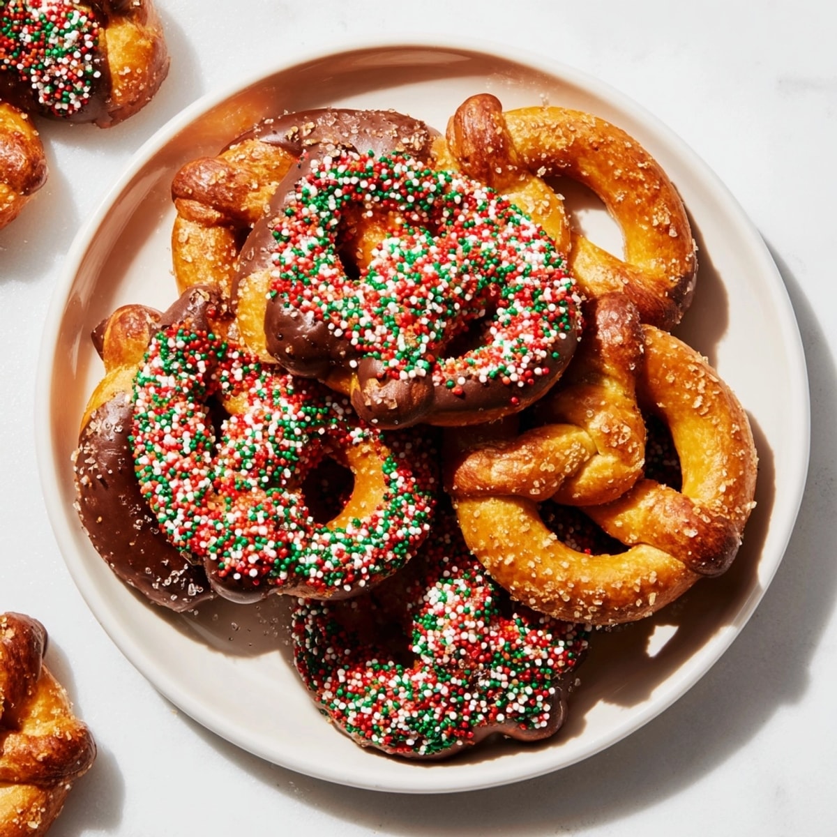 Homemade Festive Pretzel Christmas holiday Cookies with rich melted chocolate and sea salt dusting.