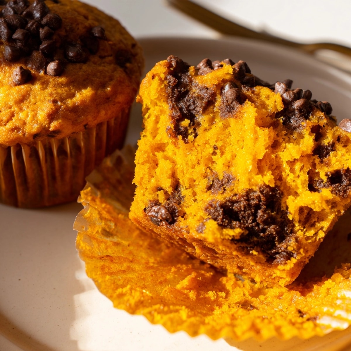 Golden-brown Pumpkin Chocolate Chip Muffins with Sourdough Starter cooling on a wire rack.