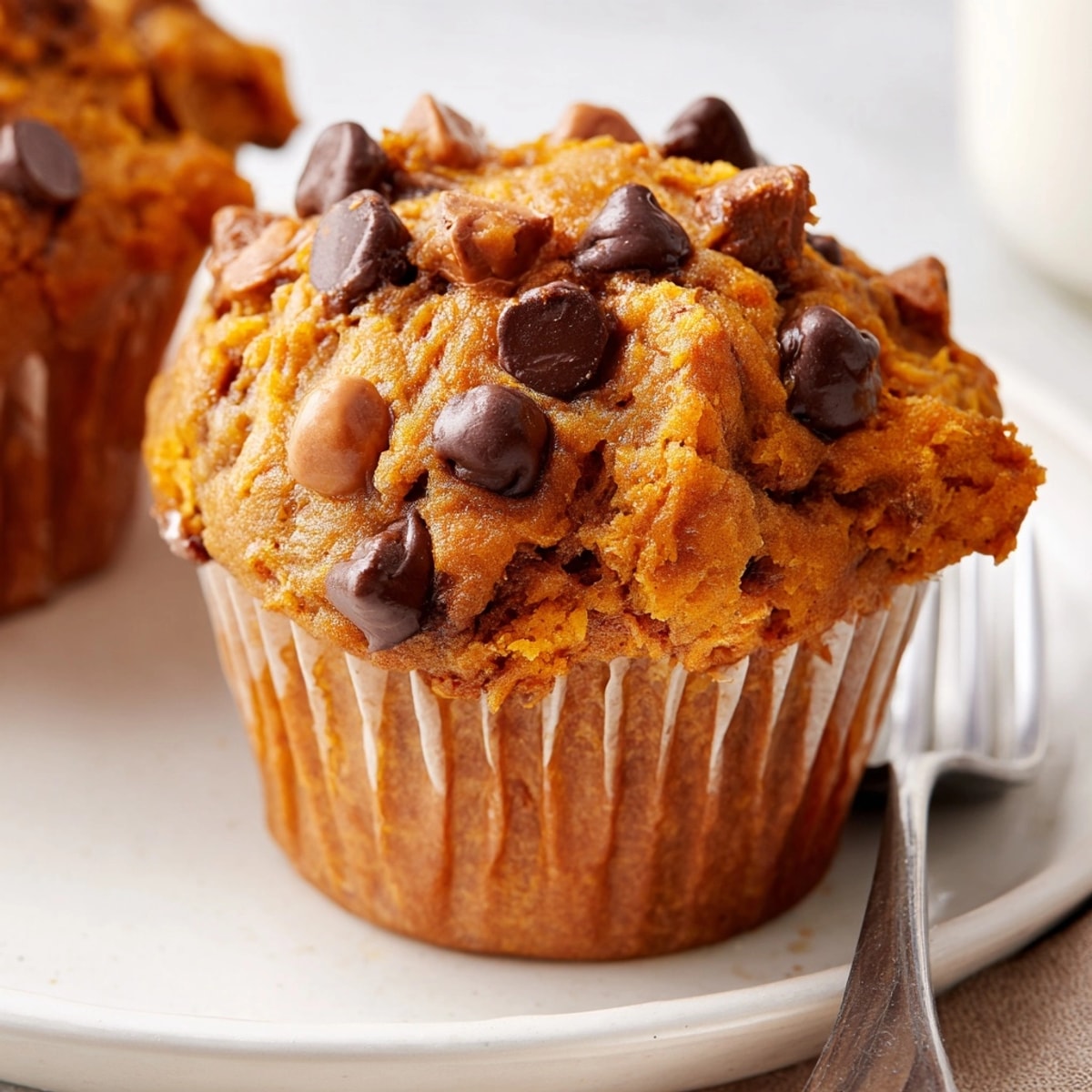 Warm, spiced Butterscotch Pumpkin Chocolate Chip Muffins, showcasing a soft crumb and gooey chips.