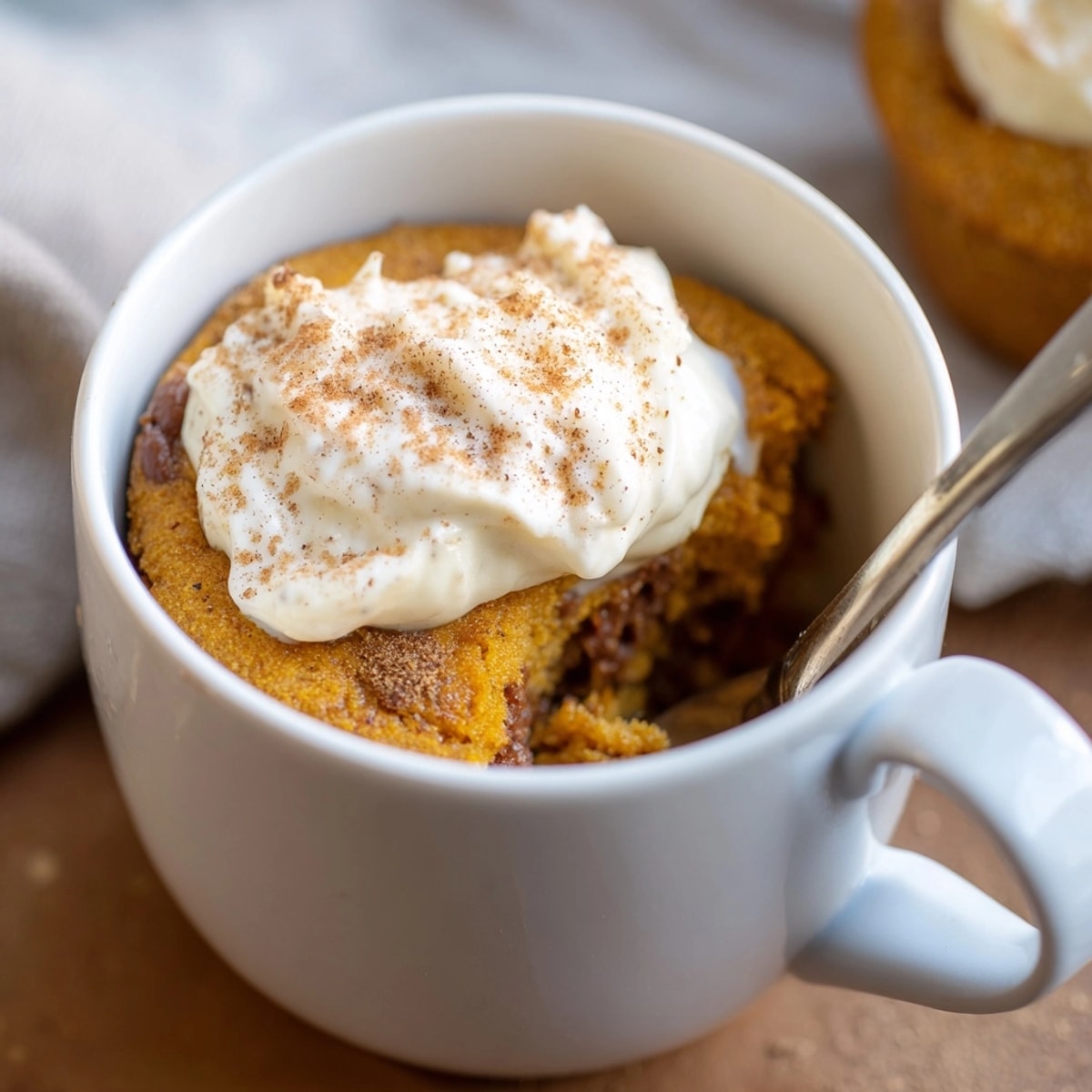 A warm and comforting Creamy Pumpkin Muffin Mug Cake, fresh from the microwave.