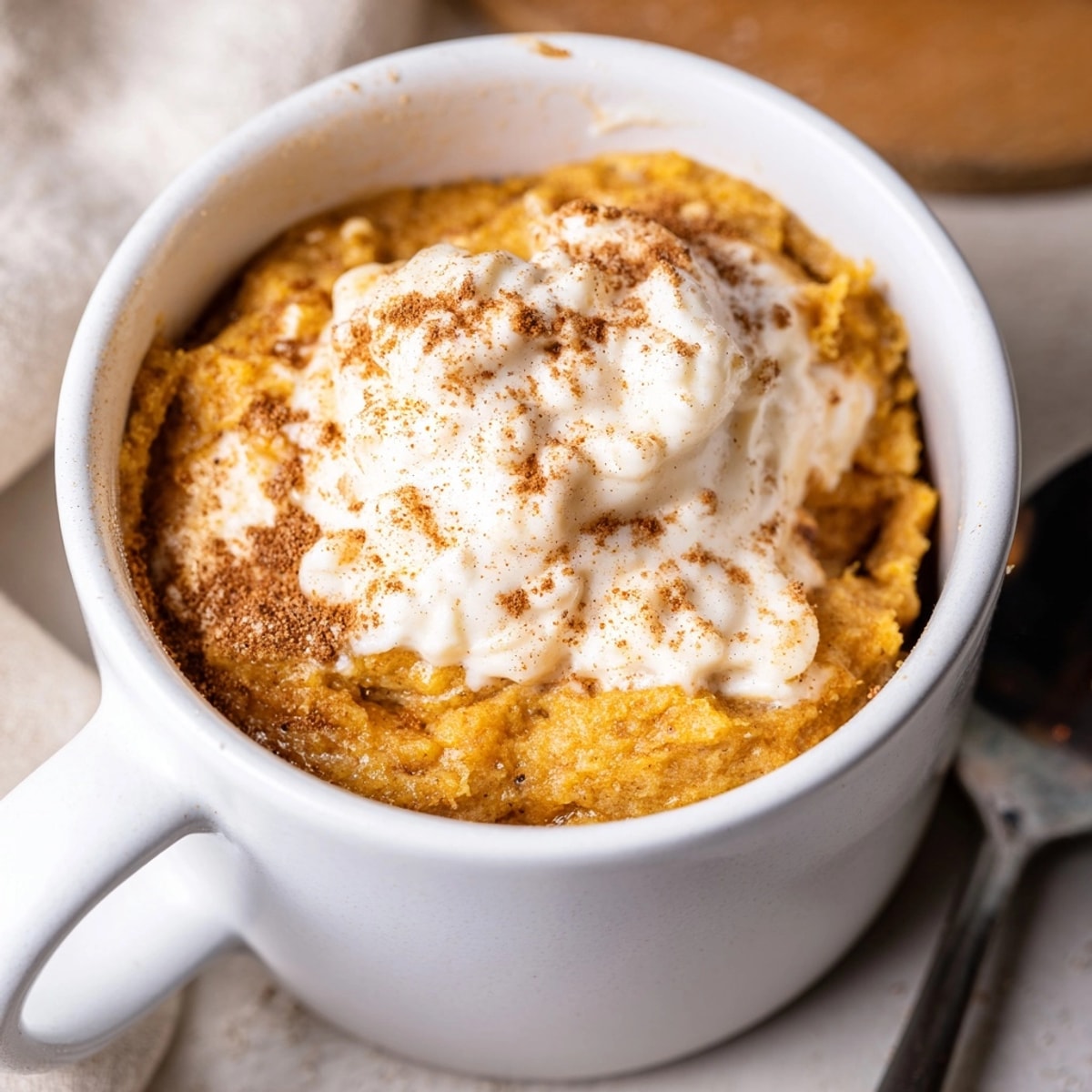 Homemade Creamy Pumpkin Muffin Mug Cake showing a fluffy texture and delicious cream cheese topping.