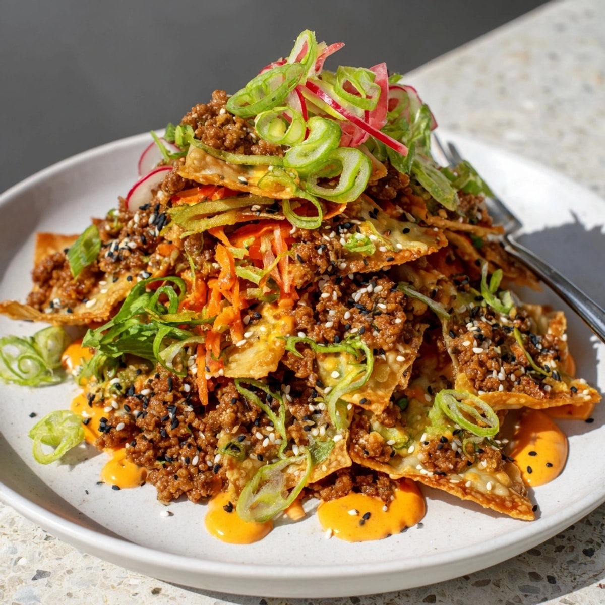 Savory Japanese Gyoza Nachos piled high with pork, carrot, sesame, and spicy mayo.