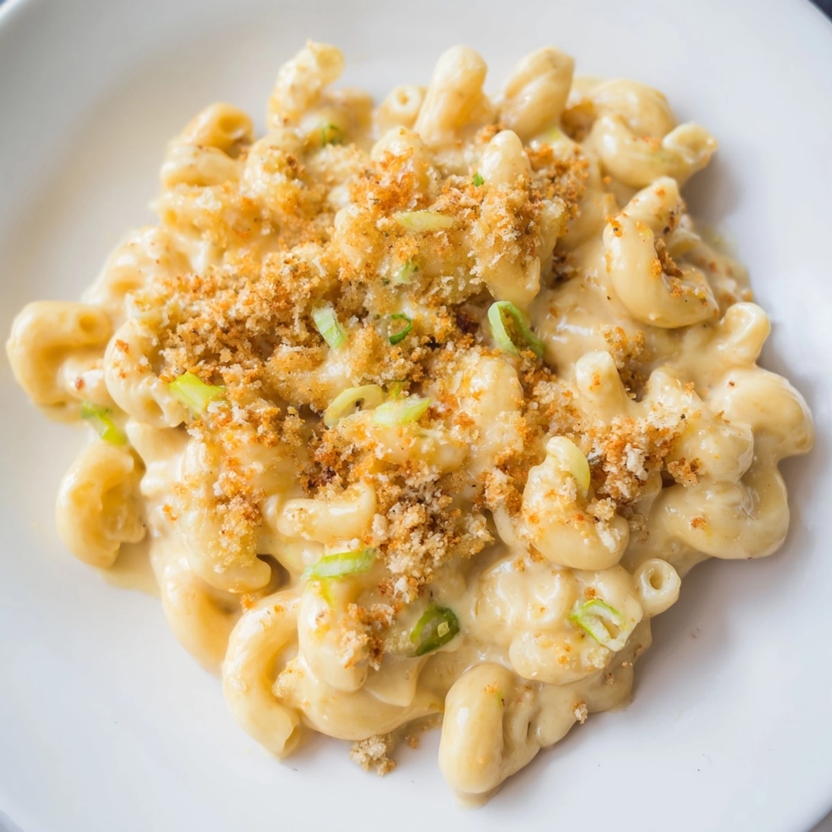 Creamy, cheesy Katsu Curry Mac & Cheese, ready to be served with fresh toppings.
