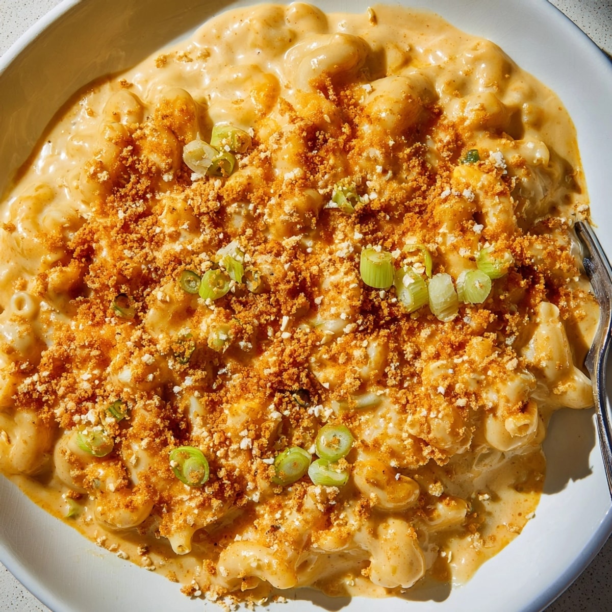 Close-up of bubbling Katsu Curry Mac & Cheese showing the rich sauce and golden crust.