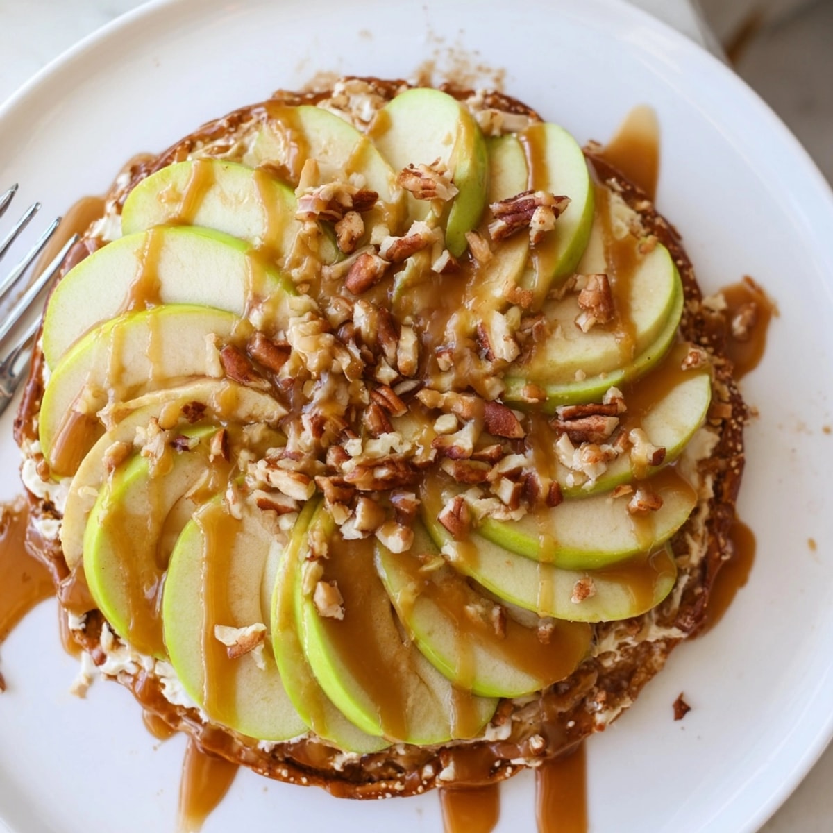 A close-up view of luscious Caramel Apple Pizza with Salted Pretzel Crust.
