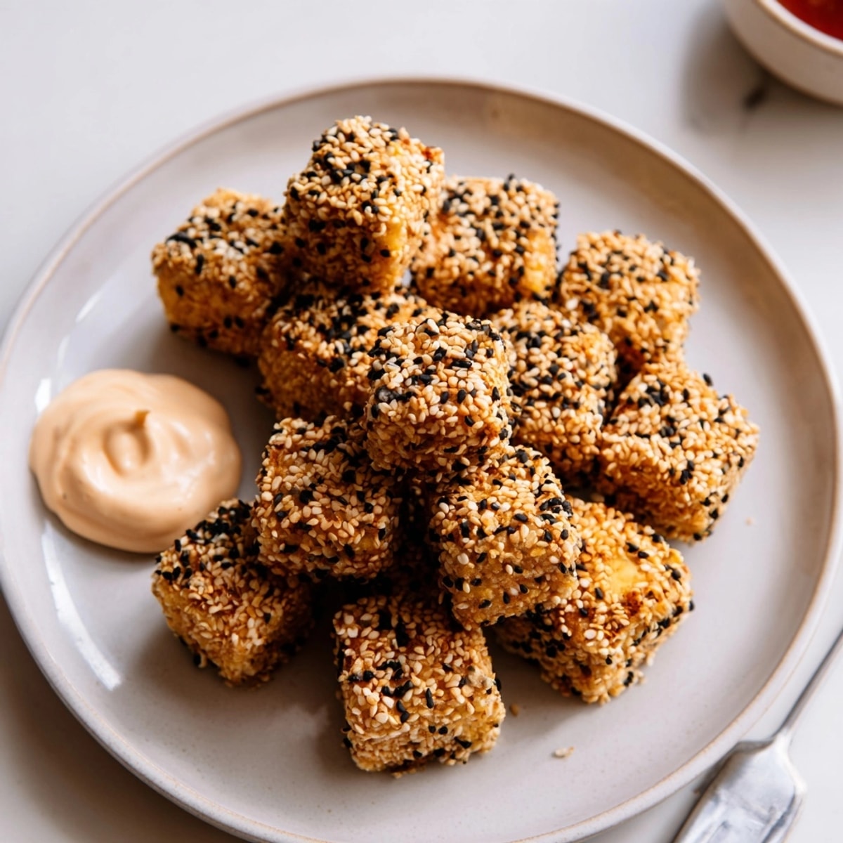 Crispy Sesame Tofu "Turkey" Bites baking sheet with golden edges, ready for dipping.