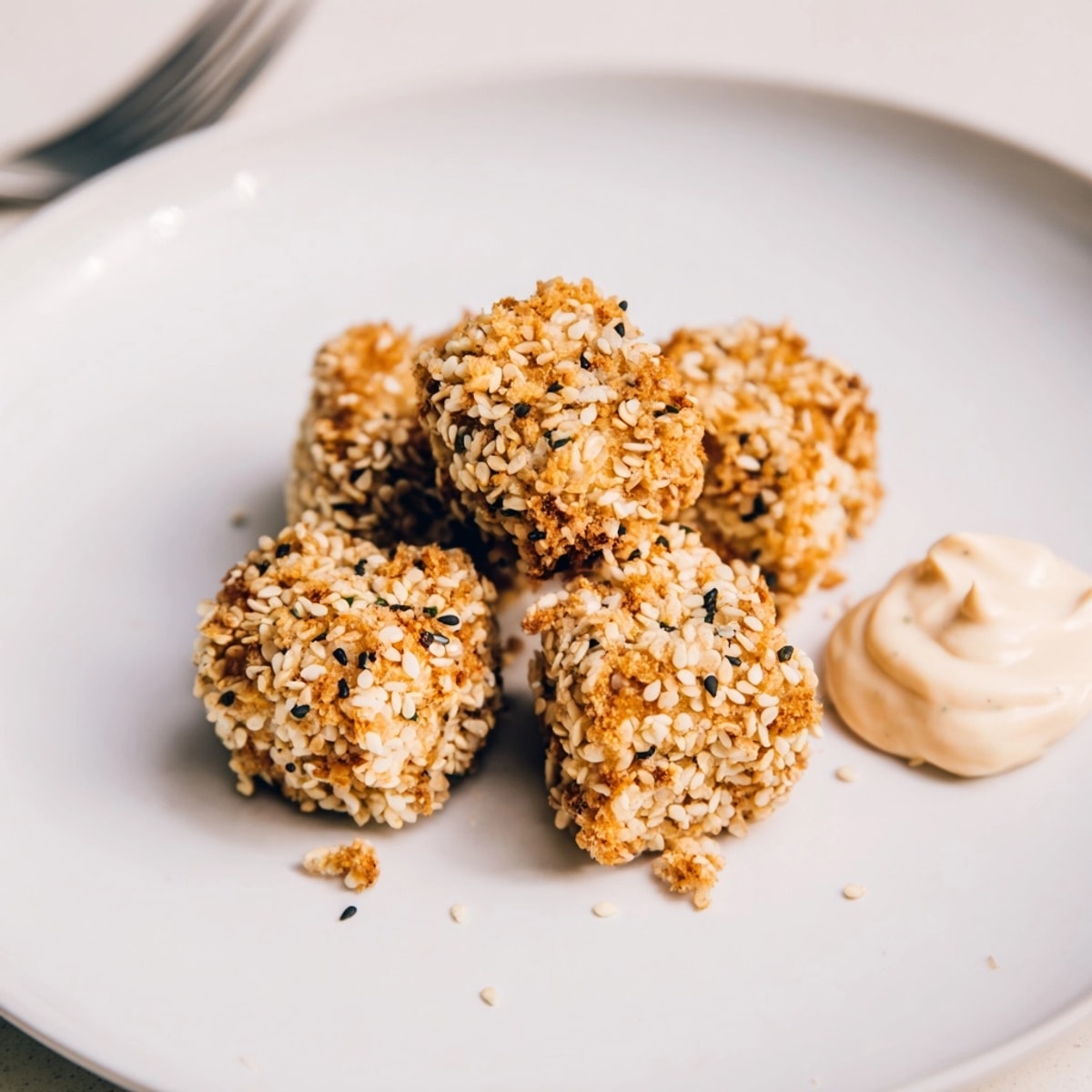 Close-up: Perfectly crunchy Crispy Sesame Tofu "Turkey" Bites, showcasing the textures.