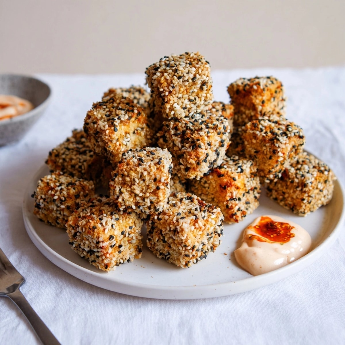 Imagine: Savory Crispy Sesame Tofu "Turkey" Bites with spicy sriracha dipping sauce.