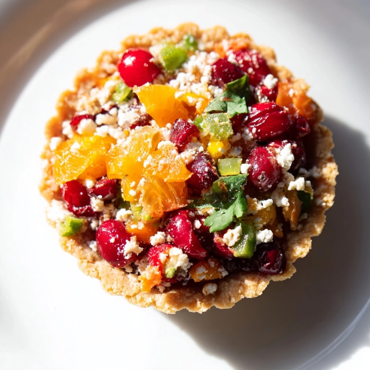 Buttery Rainbow Cranberry Jalapeño Tartlets, topped with feta, showcase holiday colors and zesty flavor.