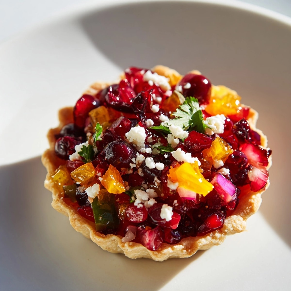 Imagine warm, crisp tart shells filled with vibrant Rainbow Cranberry Jalapeño relish—serve chilled!