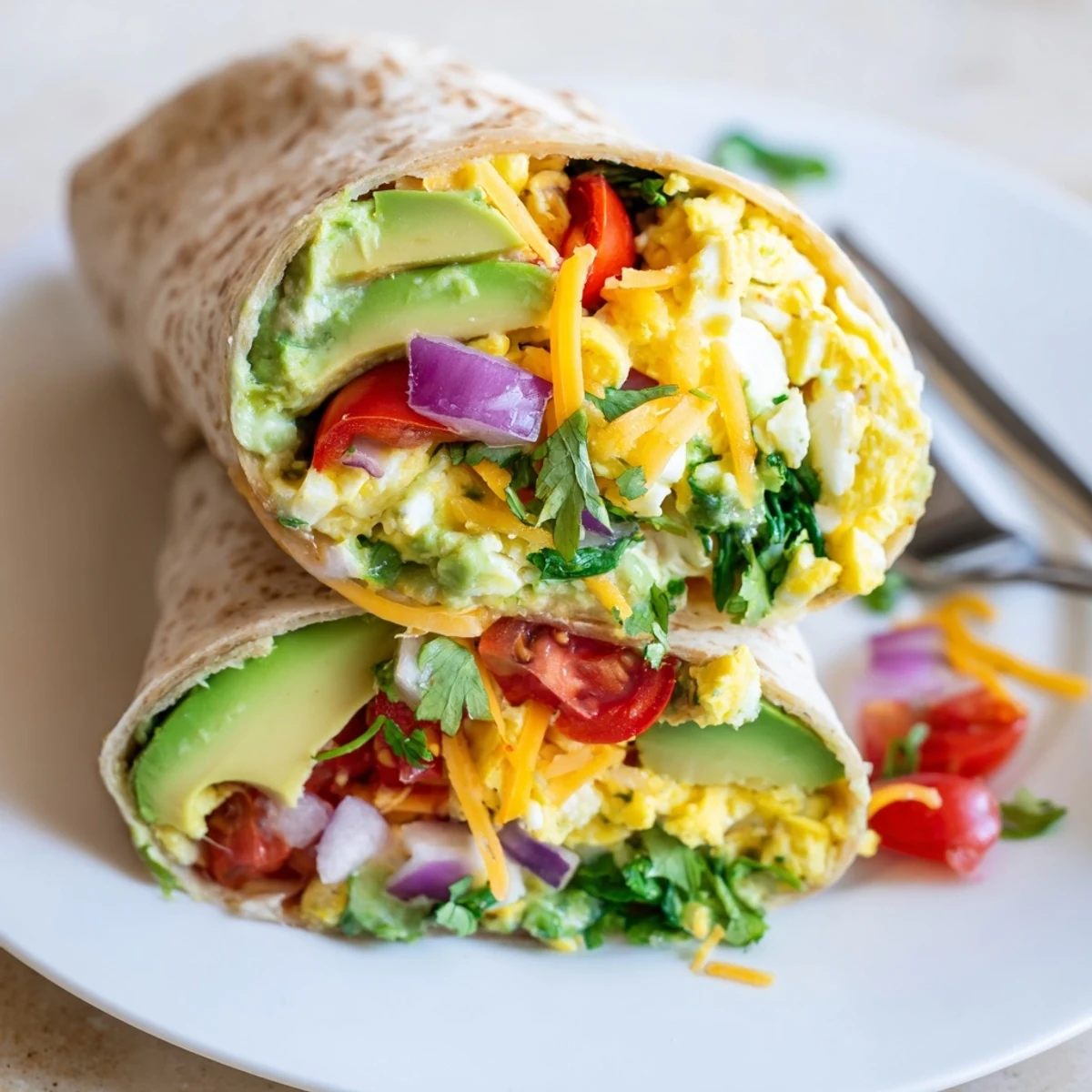 Delicious avocado egg white burrito wrapped in a whole wheat tortilla, perfect for breakfast.