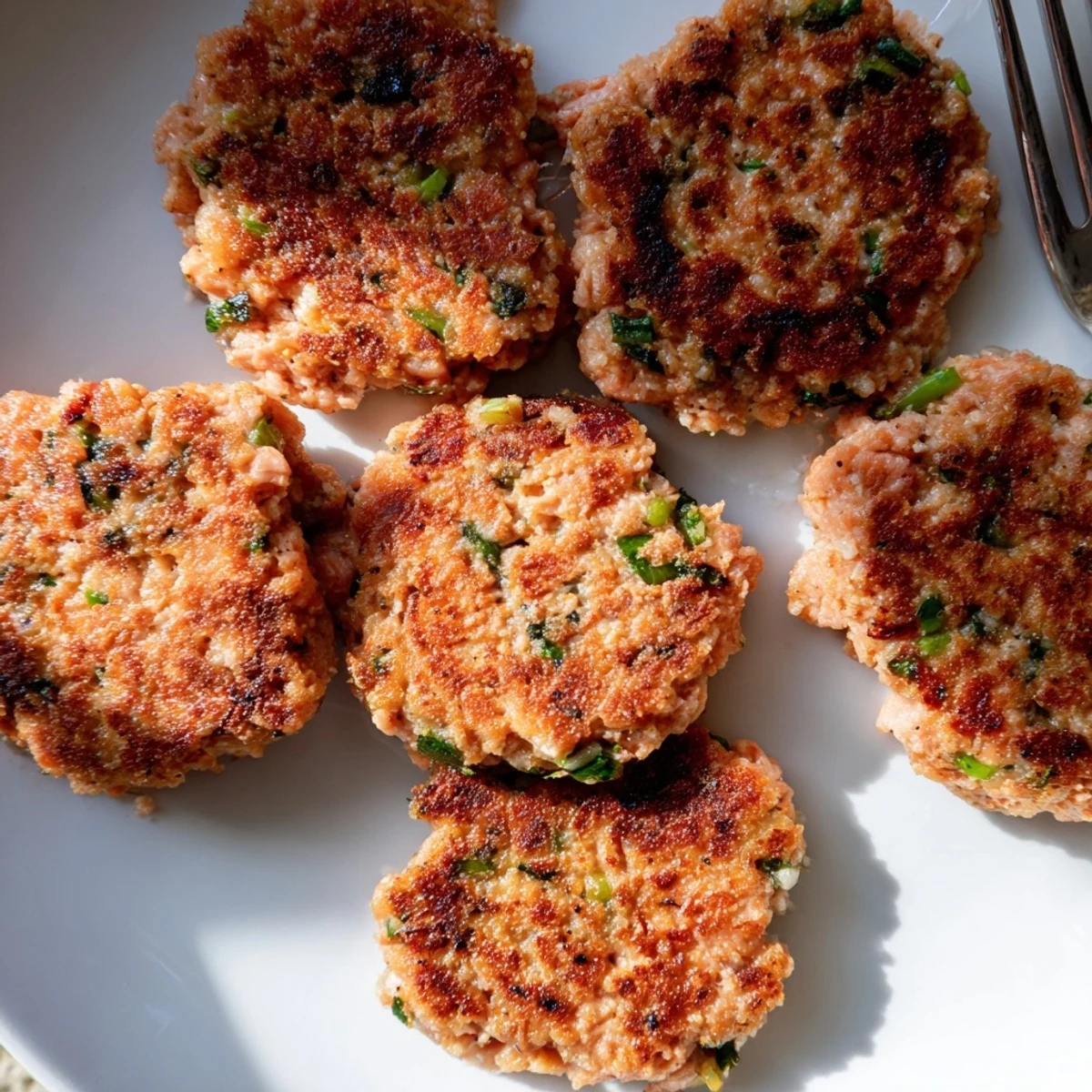 Tender garlic ginger salmon patties, golden-brown, perfect for any light meal.
