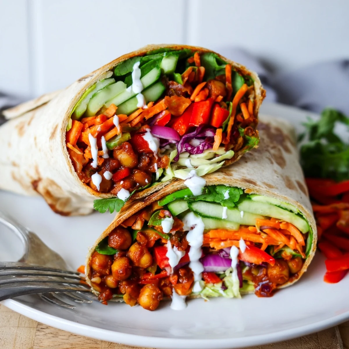 Smoky Cajun BBQ Chickpea Wraps loaded with fresh veggies and avocado slices.