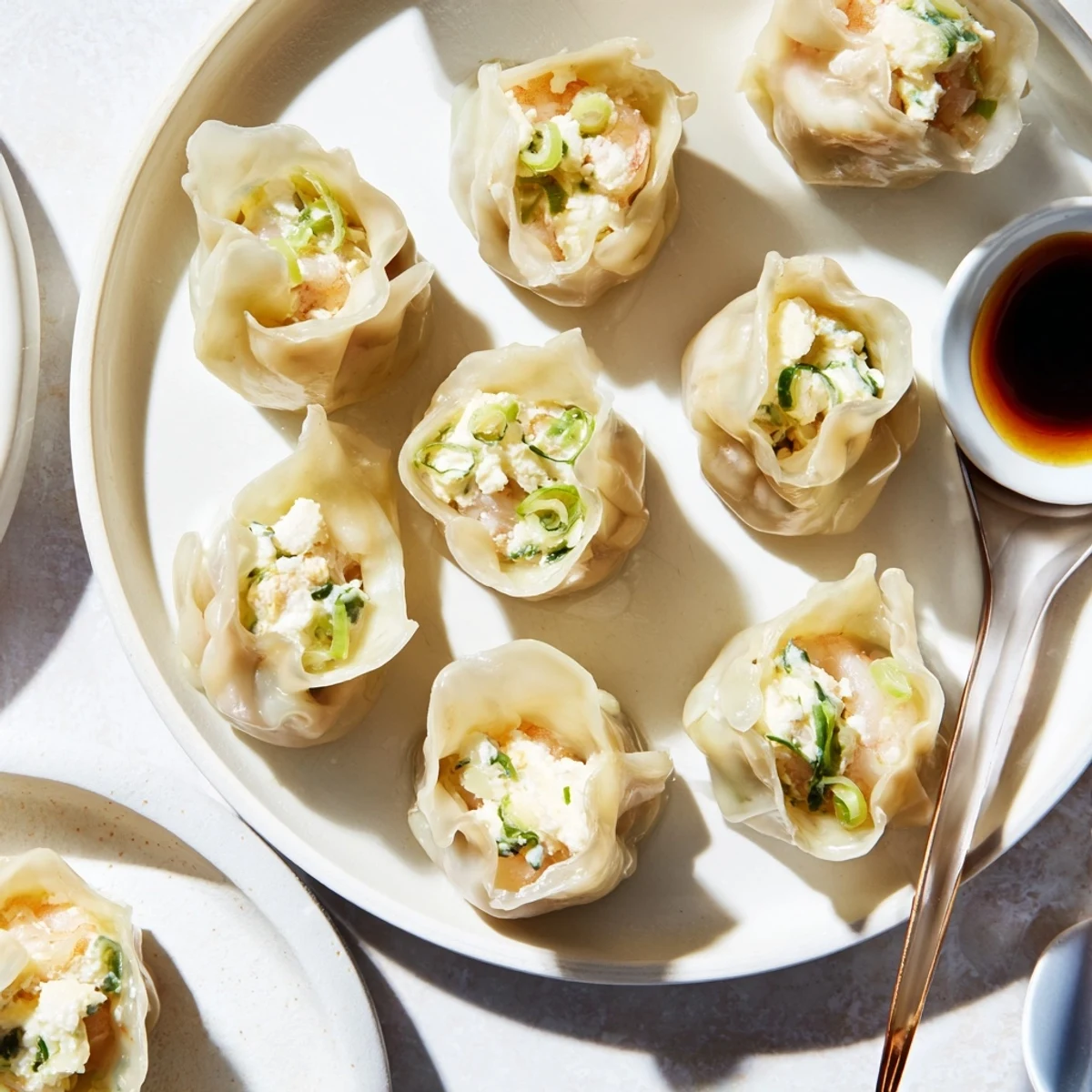 Delicious cheesy shrimp scallion dumplings steaming, ready to serve with soy sauce.