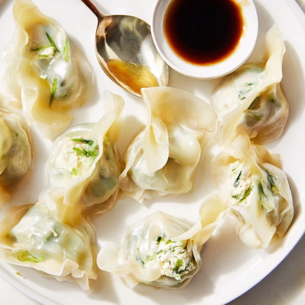 Savory shrimp scallion dumplings garnished with scallions, served with spicy chili oil.