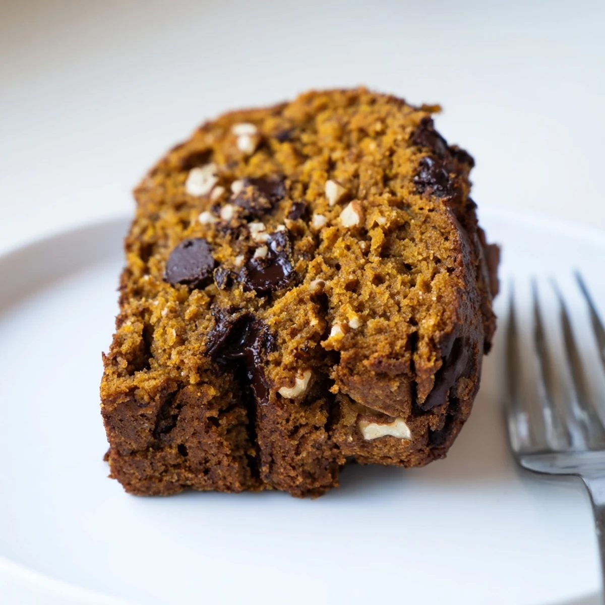 Moist Protein Pumpkin Banana Loaf topped with walnuts and chocolate chips for added crunch.