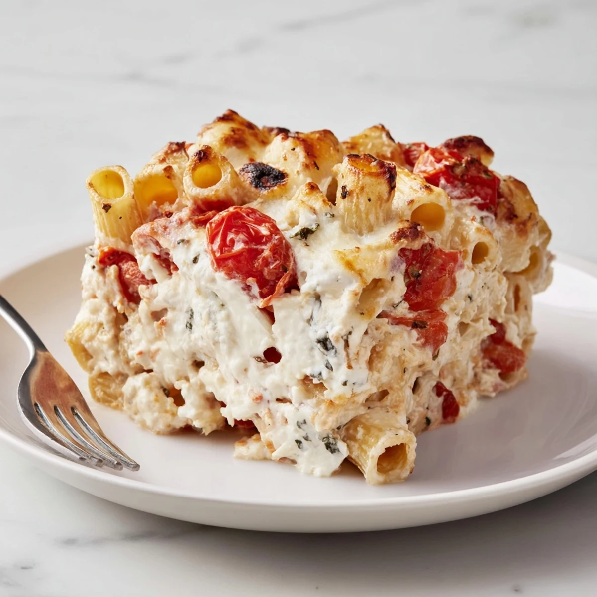 Creamy Alfredo Ricotta Tomato Casserole topped with melted cheese and fresh basil.