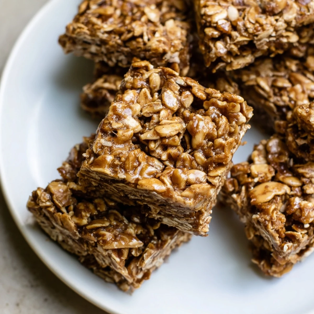 Chewy peanut butter flax granola squares topped with crunchy oats and roasted peanuts.