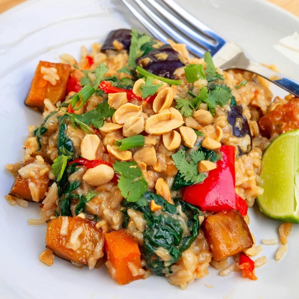 Hearty dish of Thai Peanut Eggplant Rice Bake baked with fragrant jasmine rice and peanuts.