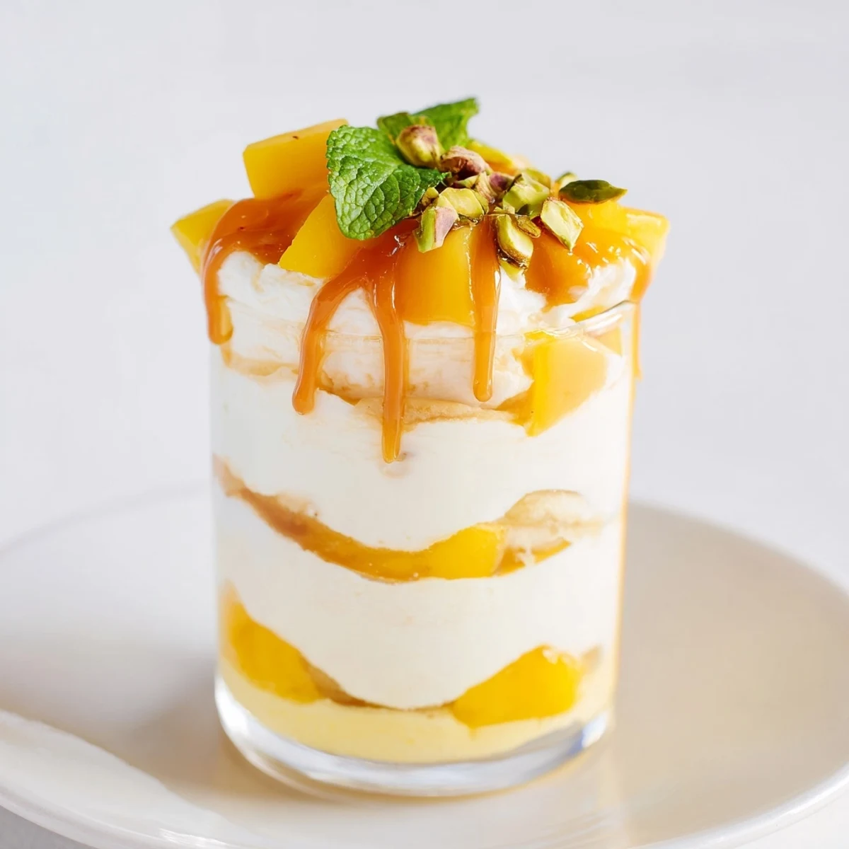 Decadent mango caramel ricotta parfait, garnished with pistachios and fresh mint leaves.