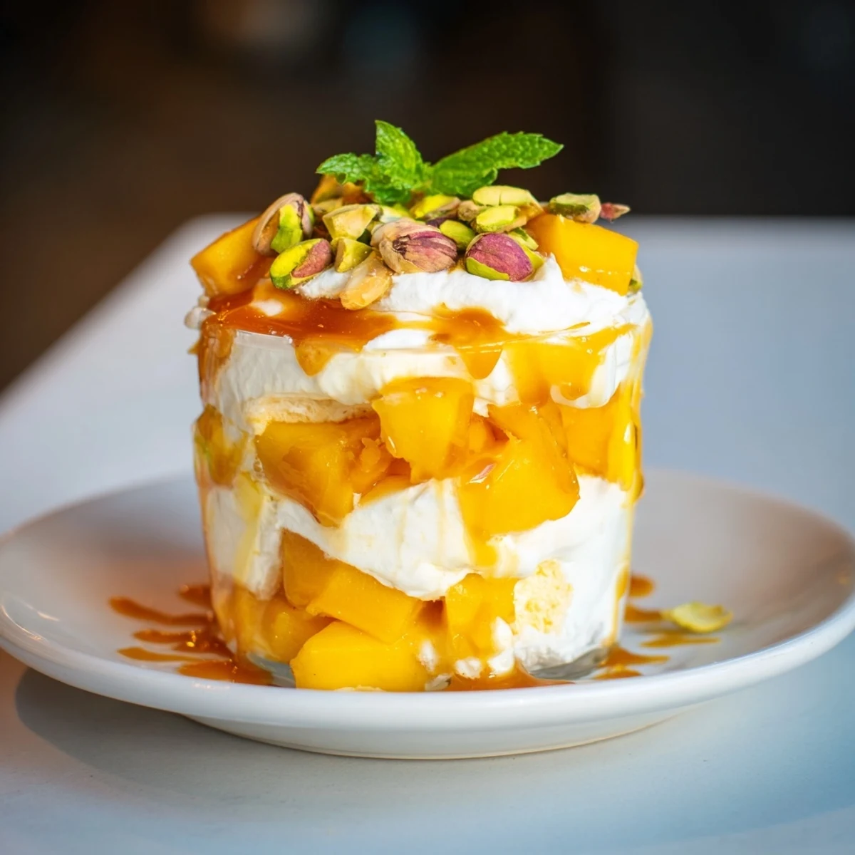 Creamy ricotta and juicy mango come together in a delightful caramel parfait.