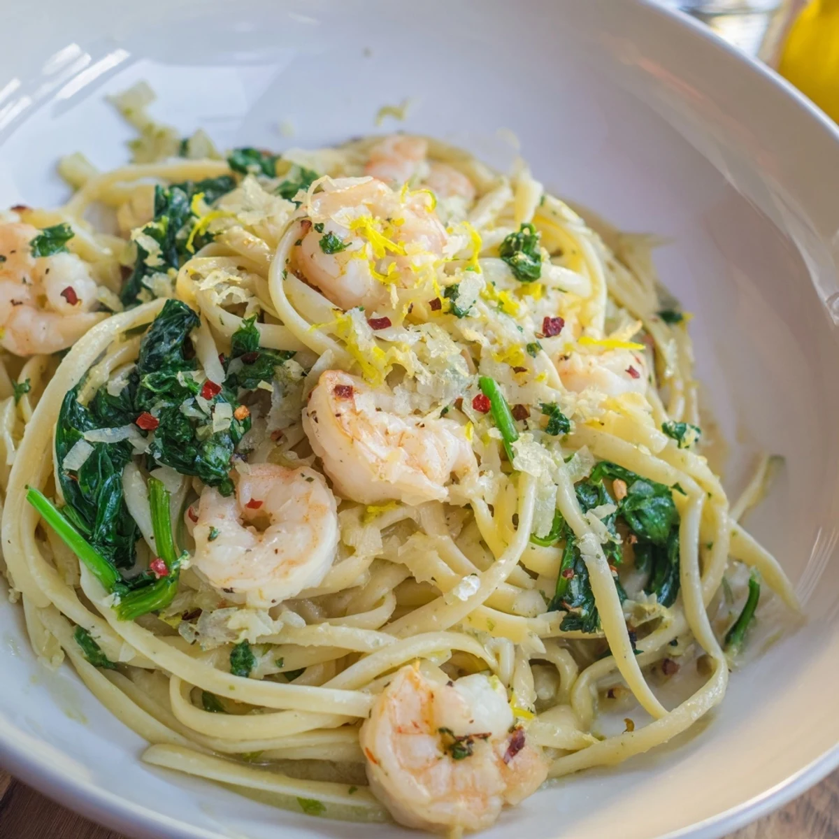 Colorful shrimp spinach herb pasta fresh out of the skillet, perfect for weeknight dinners.