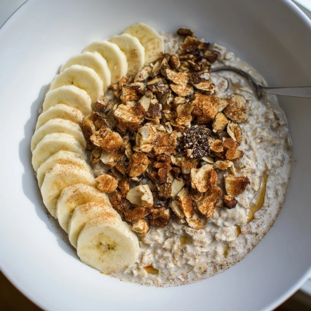 Hearty Protein Cinnamon Crunch Oatmeal topped with nuts and fresh fruit.