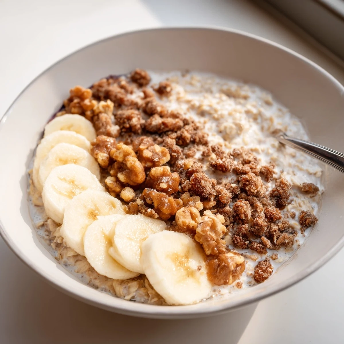 Deliciously creamy Protein Cinnamon Crunch Oatmeal decorated with toasted nuts and berries.