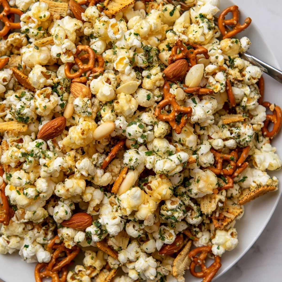 Golden popcorn and savory garlic herb butter create a delicious snack mix.