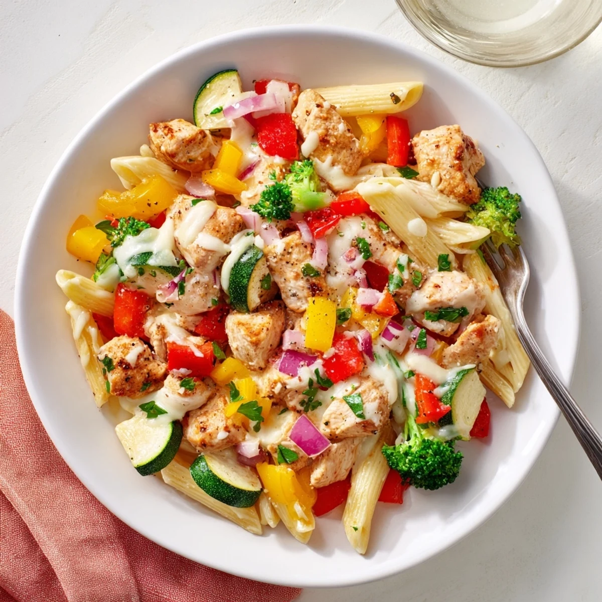 Creamy Cajun Chicken Alfredo Veggie Bake topped with deliciously melted cheeses.