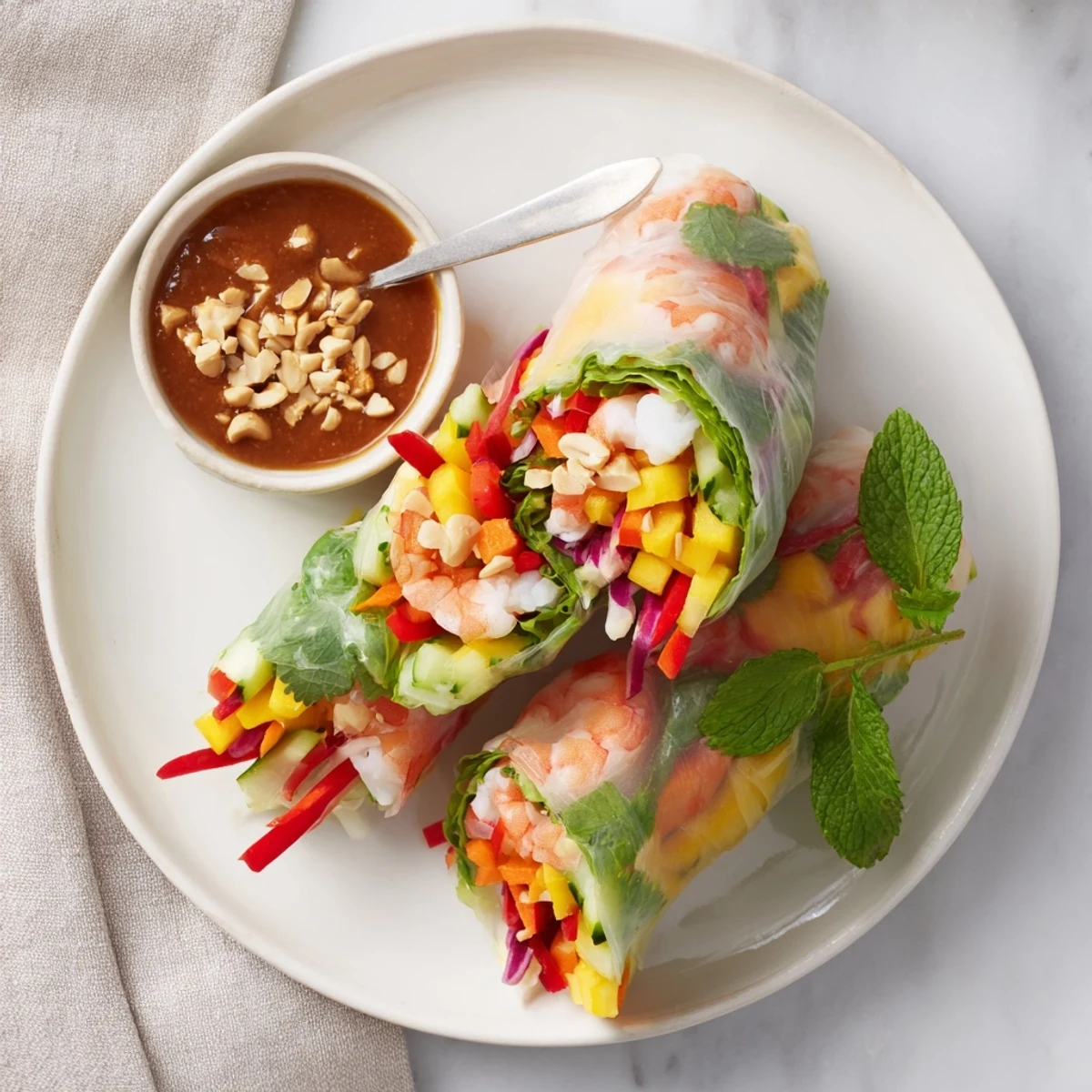 Hand-rolled shrimp and mango spring rolls, perfect with zesty dipping sauce on the side.