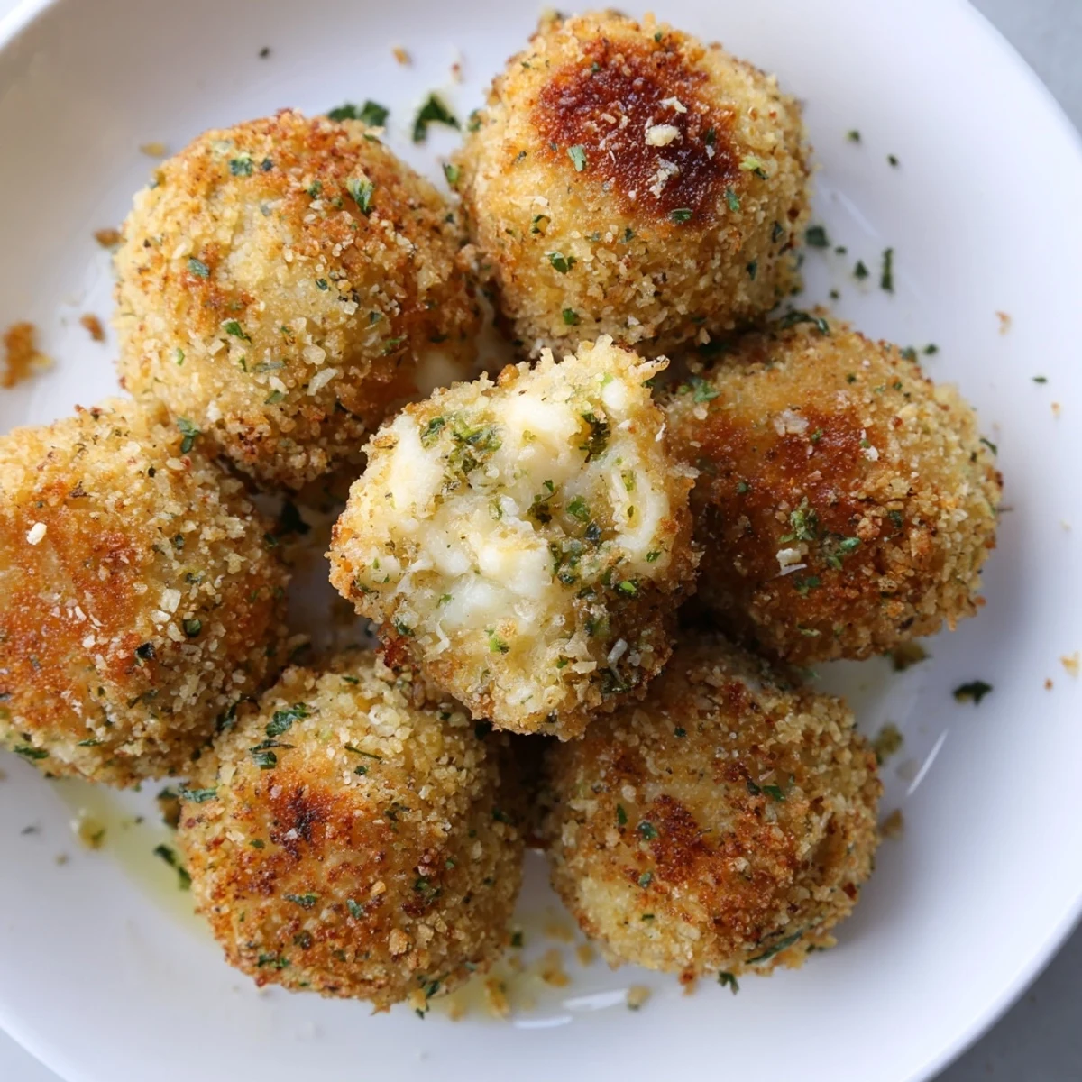 Crispy Cheesy Garlic Potato Rice Balls served with marinara sauce on a plate.