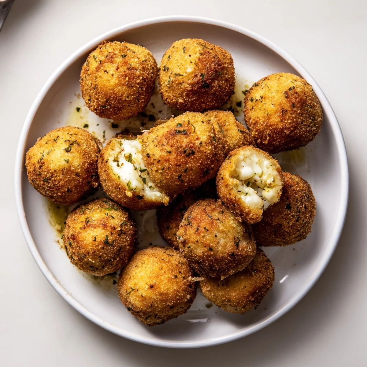 Golden brown Cheesy Garlic Potato Rice Balls with gooey mozzarella inside, ready to eat.