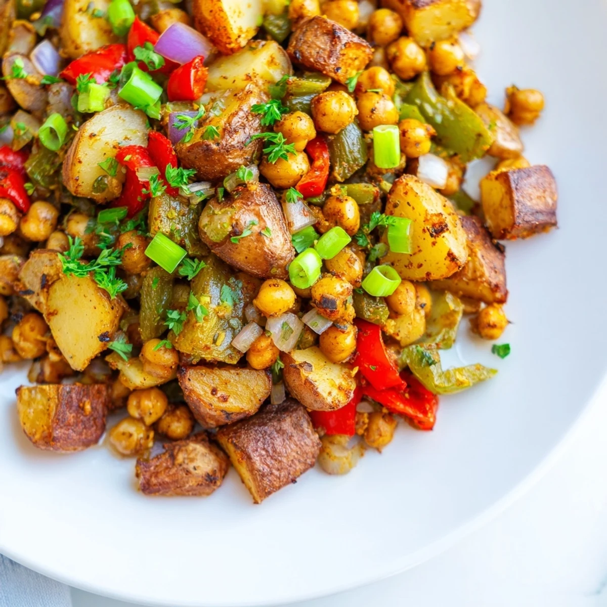 Spicy Cajun chickpea breakfast hash topped with colorful veggies and crispy potatoes.