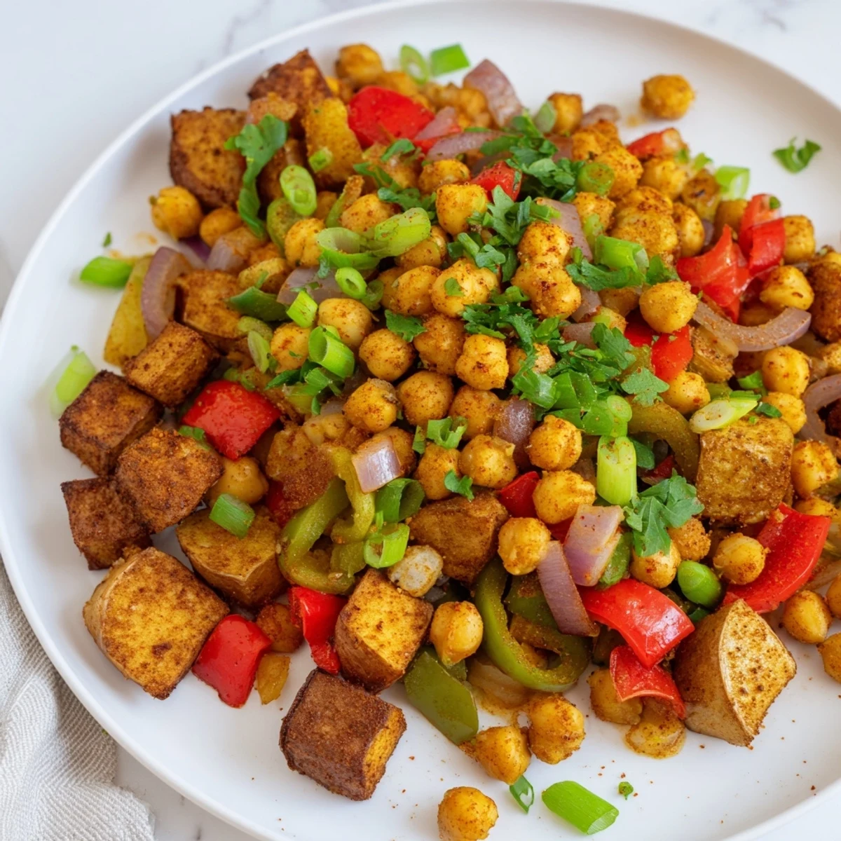 Vibrant Cajun chickpea breakfast hash with perfectly cooked potatoes and bell peppers.
