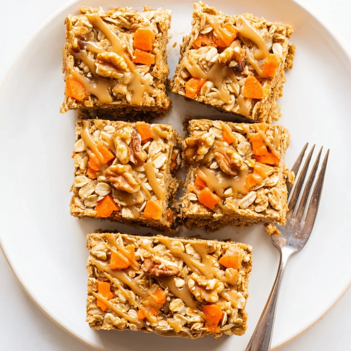 Moist Peanut Butter Carrot Cake Oat Bars, drizzled with honey, perfect for breakfast.