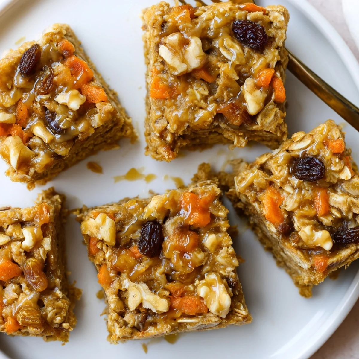 Chewy Peanut Butter Carrot Cake Oat Bars topped with walnuts and cinnamon flavor.