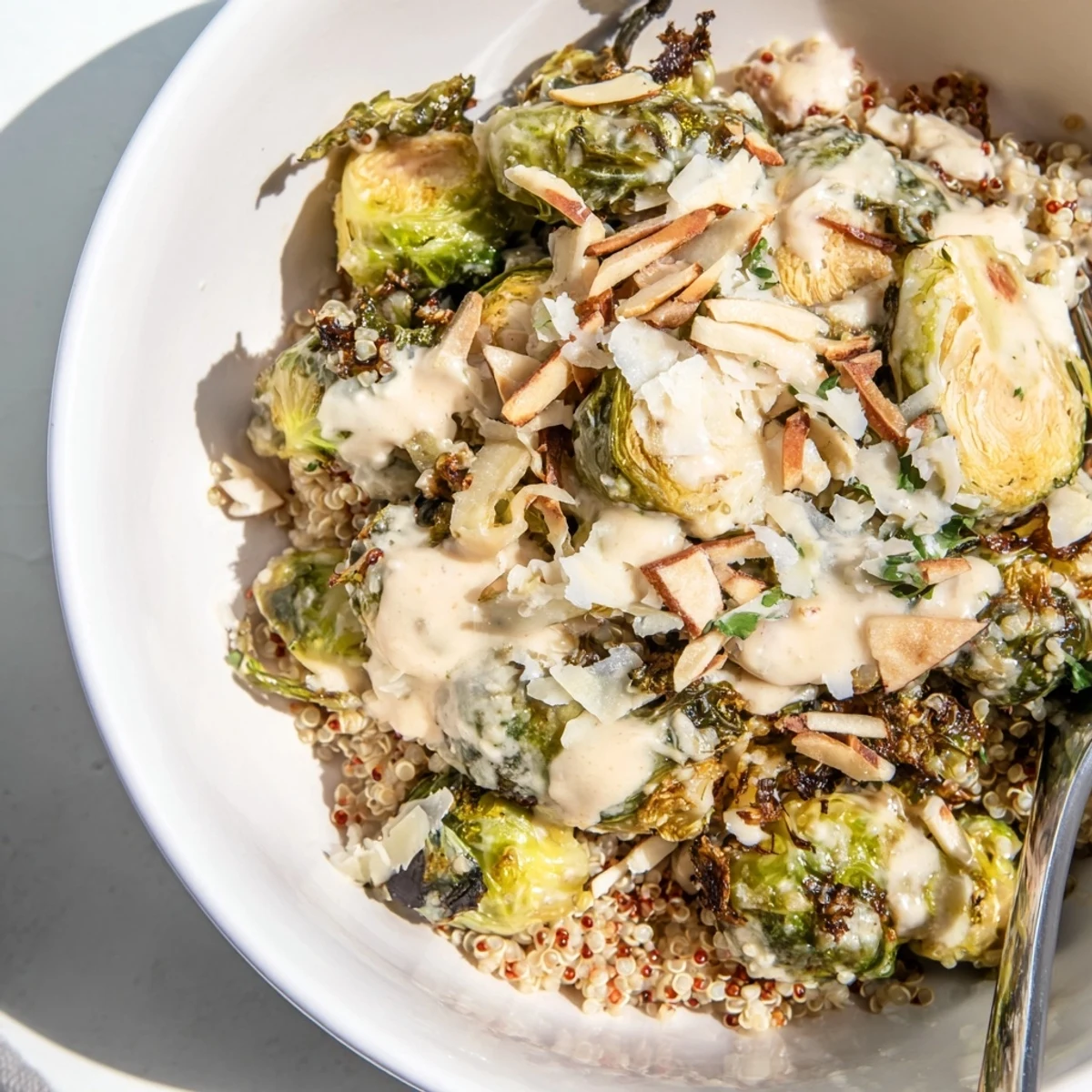 Creamy Alfredo Roasted Brussels Sprouts Bowl served over fluffy quinoa with almonds.