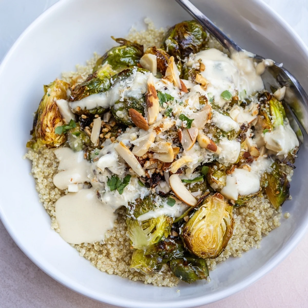 Golden Brussels sprouts coated in rich Alfredo sauce, served in a hearty bowl.