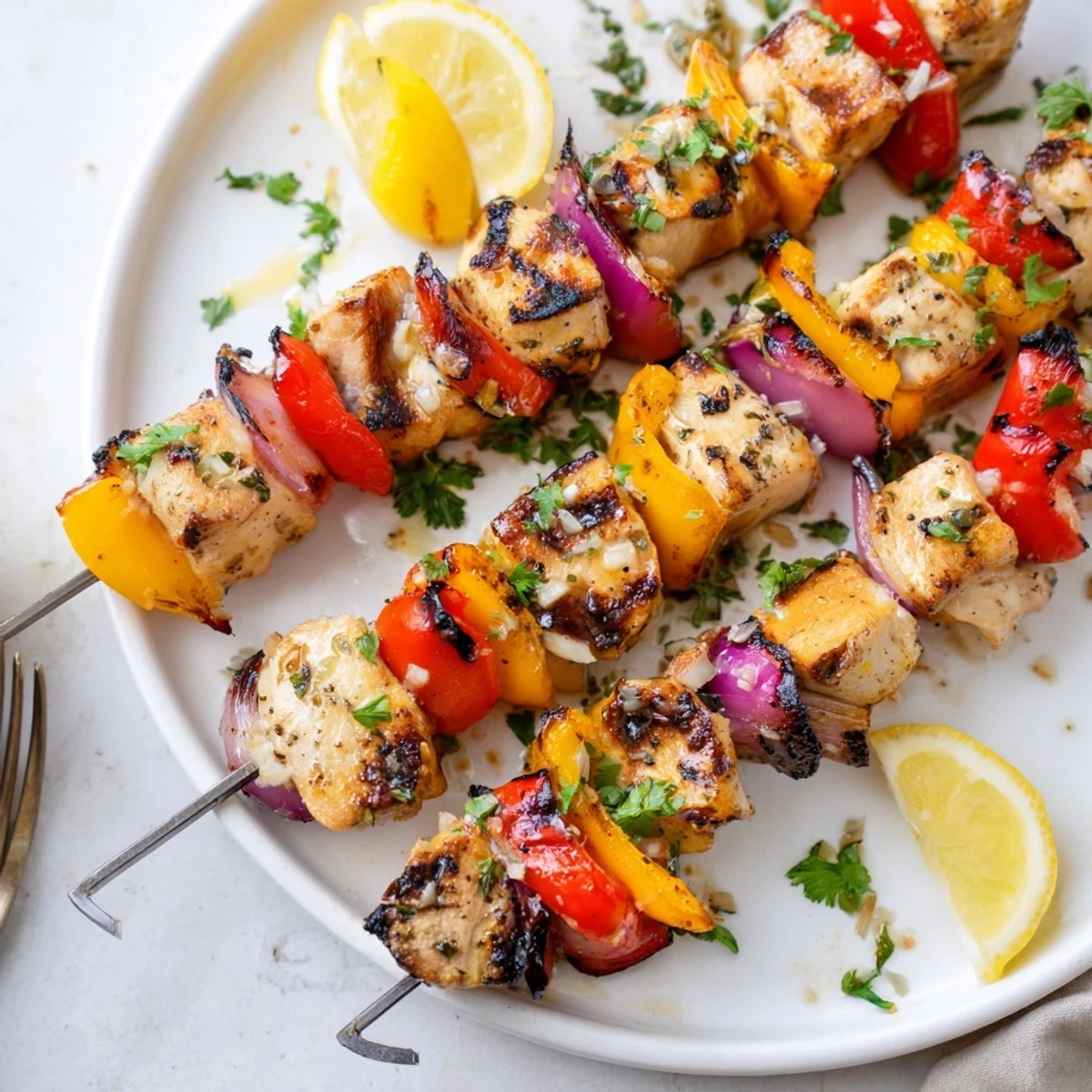 Deliciously charred Garlic Parmesan Chicken Kabobs garnished with fresh parsley and lemon.