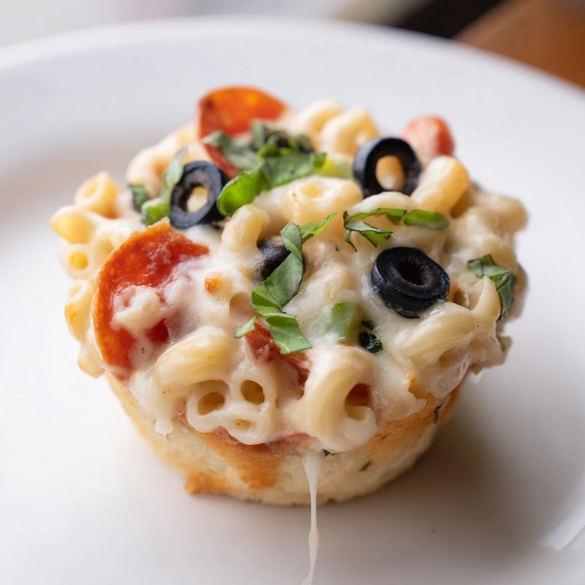 Creamy Mac and Cheese Alfredo Pizza Muffins served warm with fresh herbs garnishing them.