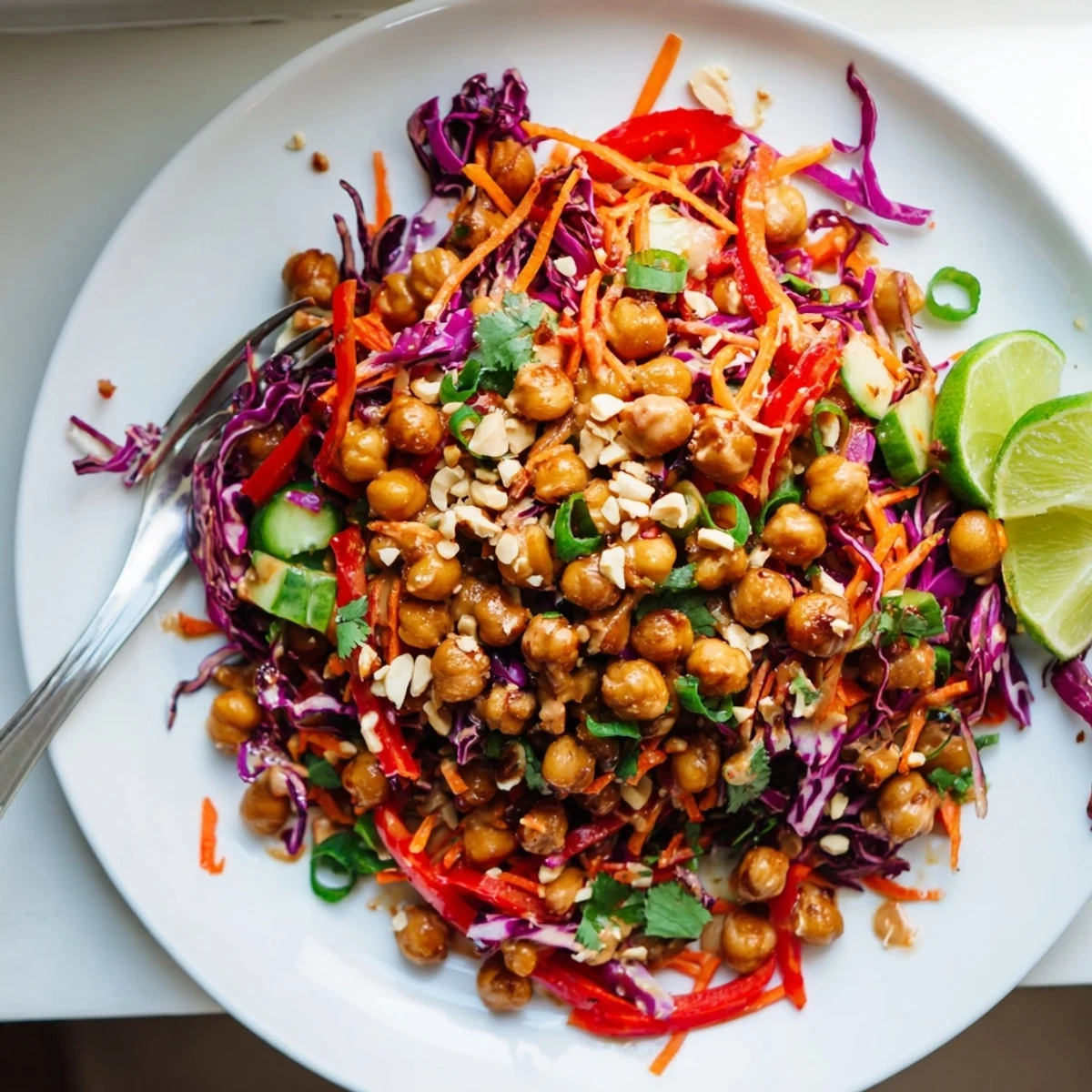 Crispy Thai Peanut Toasted Chickpea Salad with vibrant veggies and creamy dressing.