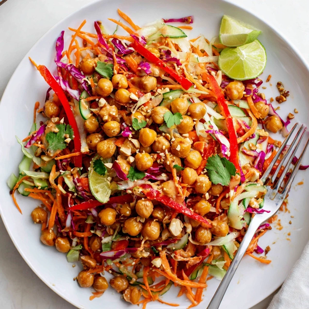 A refreshing Thai Peanut Toasted Chickpea Salad topped with crunchy roasted peanuts.
