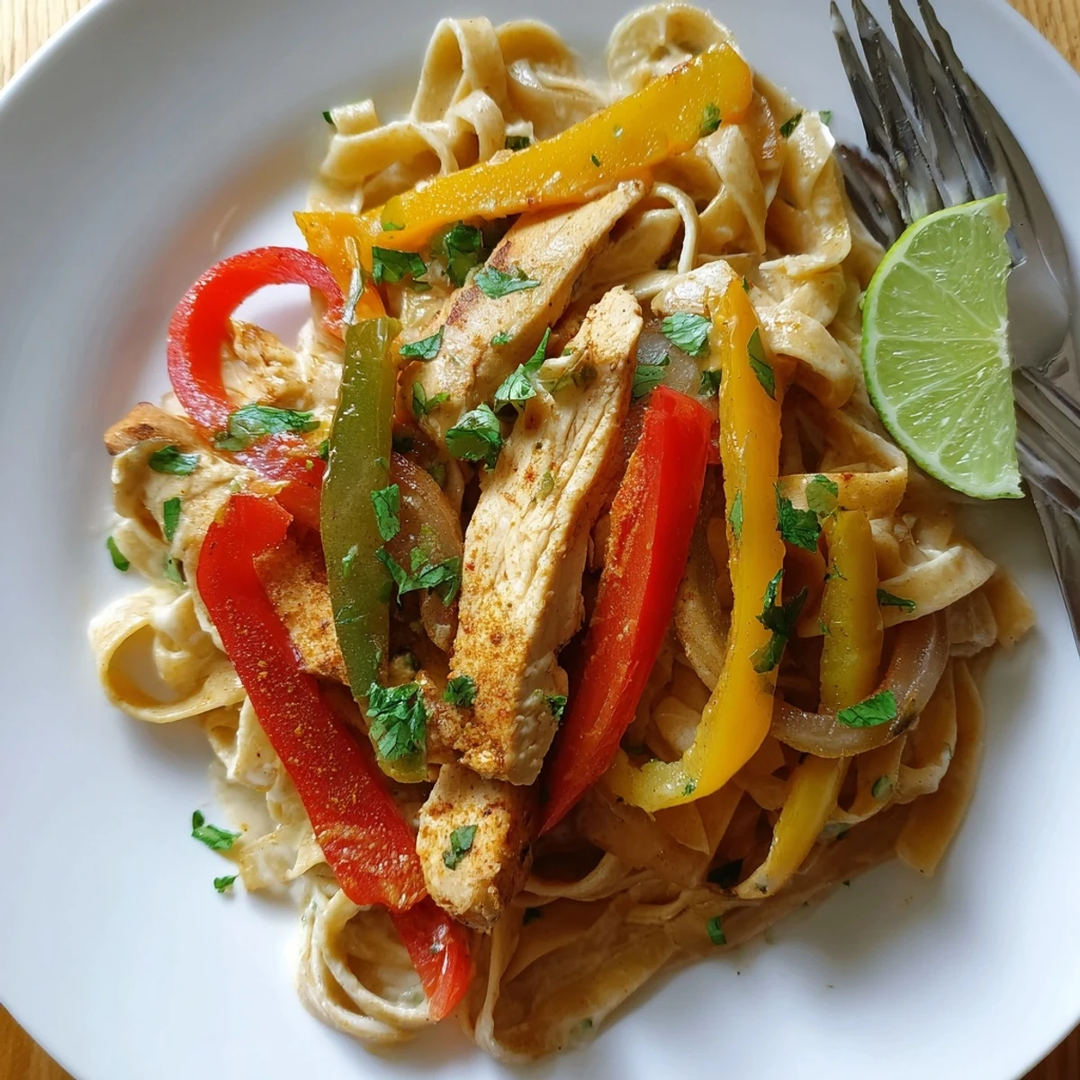 A vibrant plate of Alfredo Chicken Fajita Pasta topped with lime wedges and herbs.